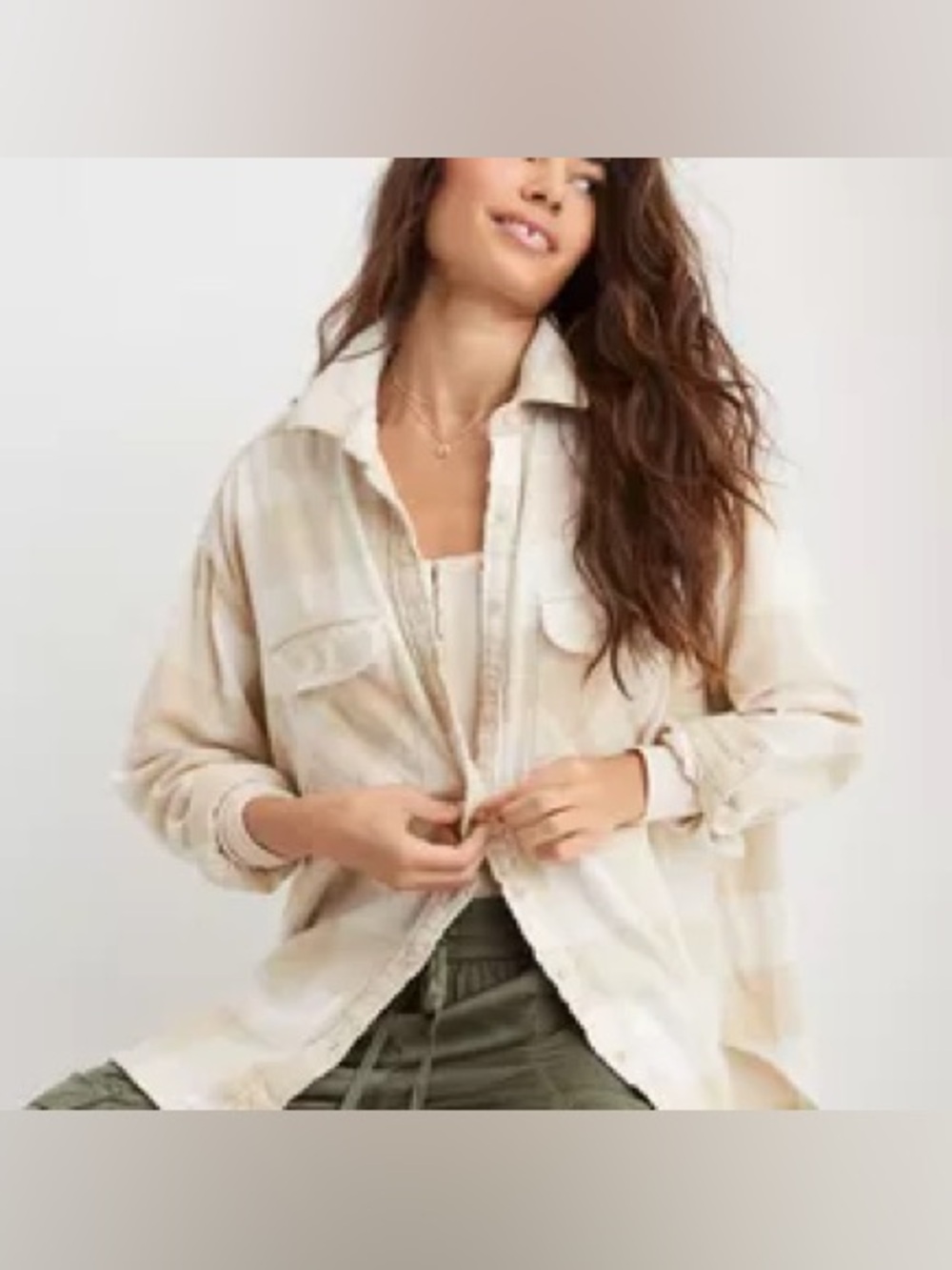 Aerie LumberJane Oversized Flannel Shacket Soft Oat Cream Button Down Distressed